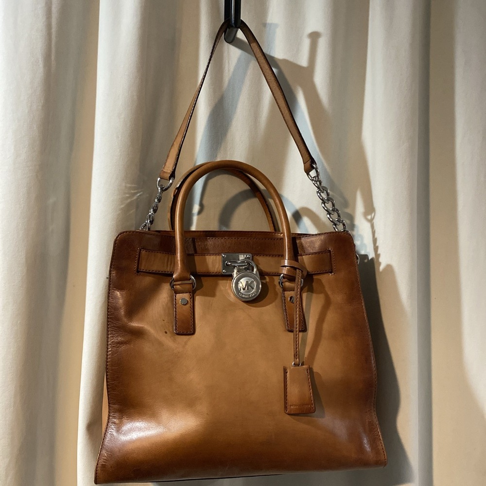 Michael Kors Hamilton Large Satchel NS Tote Saffiano Shoulder Bag cognac Leather
